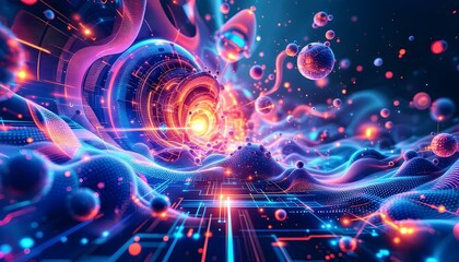 Abstract futuristic digital technology background featuring intricate network connections with pulsating light streams, set against a backdrop of deep space with distant stars 