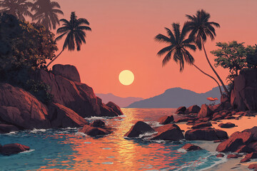 Serene Tropical Sunset Landscape With Palms and Rocky Beach

