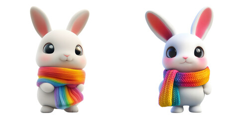 Fototapeta premium Cute 3D bunny characters with rainbow scarves isolated on transparent background perfect for children designs, mascots, and winter themes