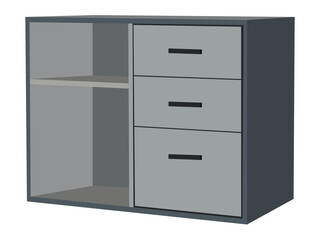 Grey storage unit with three drawers and an open shelf for organization