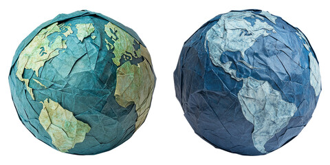 Crumpled paper globes representing Earth isolated on transparent background perfect for geography, sustainability, and global education visuals