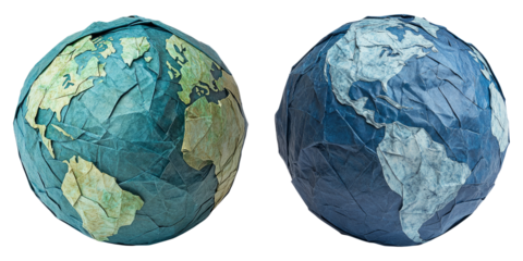 Crumpled paper globes representing Earth isolated on transparent background perfect for geography, sustainability, and global education visuals