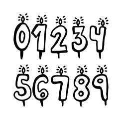Happy birthday numbers candles hand drawing simple sketch doodle drawing set