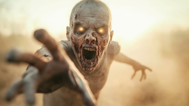 Aggressive undead creature with glowing eyes extends its decaying hand menacingly in a desolate, dust filled wasteland under a hazy sky, embodying the horror of a post apocalyptic world