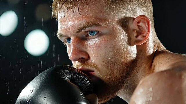 Intense Boxer Training in a Dramatic Indoor Setting with Water Drops