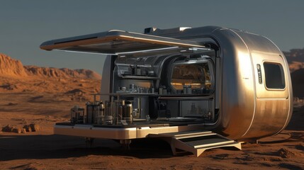 Futuristic Martian mobile bar, ready for interstellar drinks.