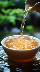 Tea pouring into cup, zen garden