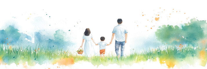 子どもと外におでかけをする家族（イラスト）