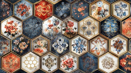 Intricate patchwork tiles featuring floral and geometric designs arranged in perfect symmetry, with hexagons, circles, squares, and triangles. Soft warm and cool colors—red, ivory, blue,