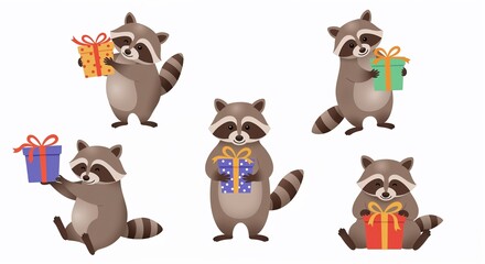 Fototapeta premium Five raccoons celebrating with colorful gifts in a cheerful illustration on a white background