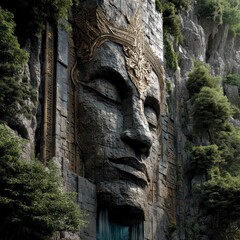 Serene stone Buddha face carved into a cliffside, surrounded by lush green foliage. Golden details accentuate the facial features. Natural light illuminates the scene, creating a peaceful atmosphere.