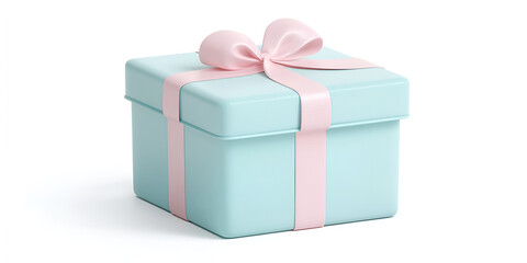 Fototapeta premium Elegant Blue Gift Box with Pink Ribbon on White Background