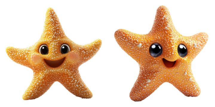 Smiling starfish characters with glitter texture isolated on transparent background perfect for summer, beach, and children ocean visuals