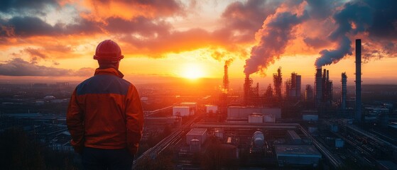 Fototapeta premium Person looks at cityscape with smokestacks during sunset or sunrise.