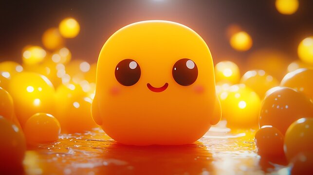 Cute yellow blob character amidst glowing orbs
