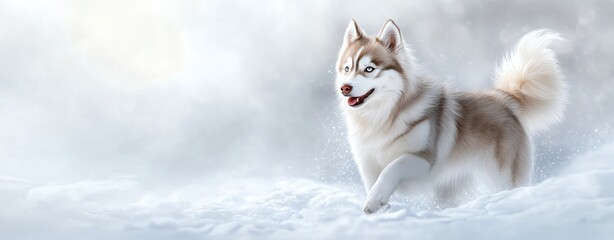 Husky dog walking in a snowy landscape.