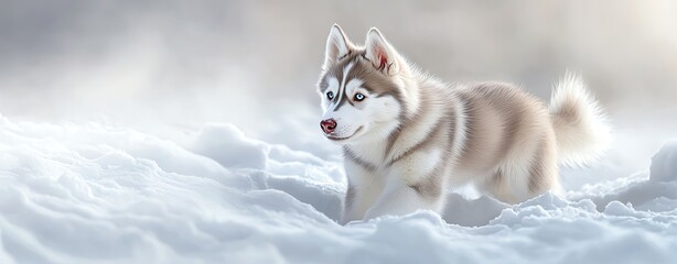 Siberian husky exploring snowy landscape.