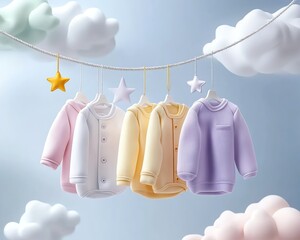 Colorful baby clothes hanging in soft clouds.
