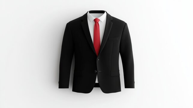 Black suit with red tie on plain background
