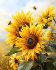 Vibrant sunflowers with bees in bright sunlight.