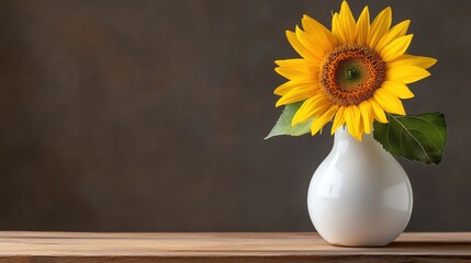 Bright sunflower in a white vase on wooden table.