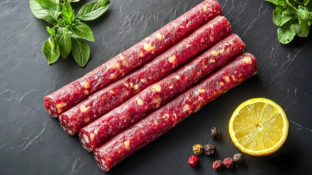 Thin salami sticks arranged on a slate platter with fresh sage leaves, perfect for culinary and gourmet food presentations