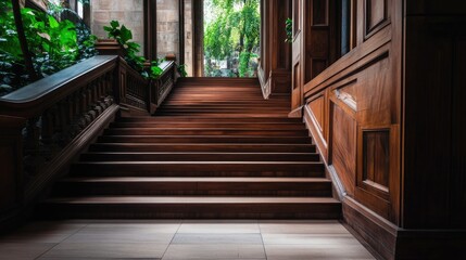 Obraz premium Elegant Wooden Staircase with Lush Greenery in Natural Light