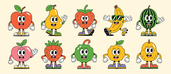 Retro Cartoon Fruit Characters Set Illustration