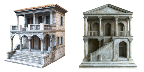 Fototapeta premium Ancient European and Roman stone houses with staircases isolated on transparent background perfect for architecture, archaeology, and historical reconstructions