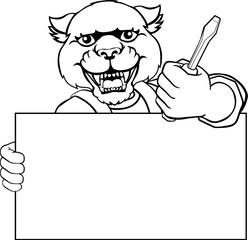 A panther electrician handyman or other construction cartoon mascot man holding a screwdriver tool.
