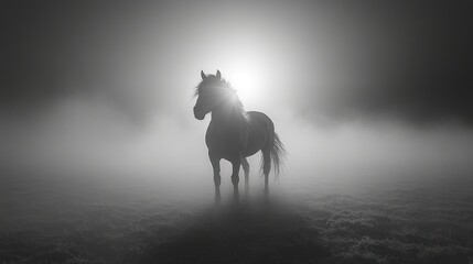 Majestic horse in misty field