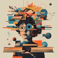 Knowledge and science children with books artistic graphic collage 
