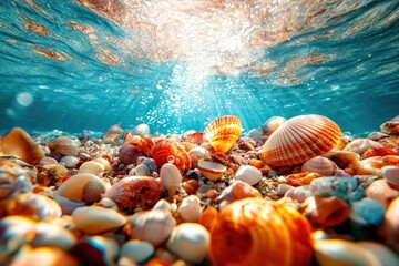 Colorful underwater view of shells and pebbles illuminated by sunlight from above