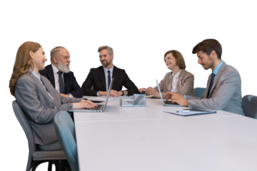 Business meeting - manager discussing work with his colleagues on a transparent background