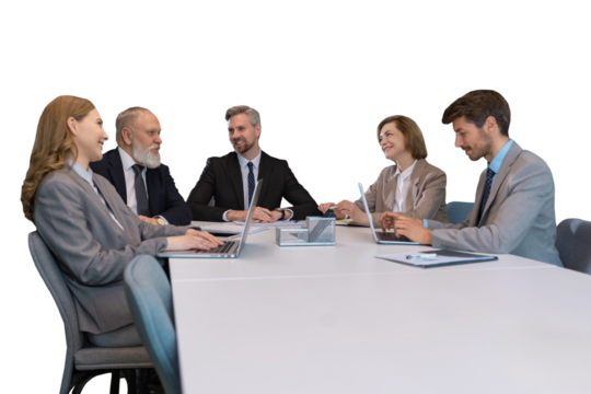 Business meeting - manager discussing work with his colleagues on a transparent background