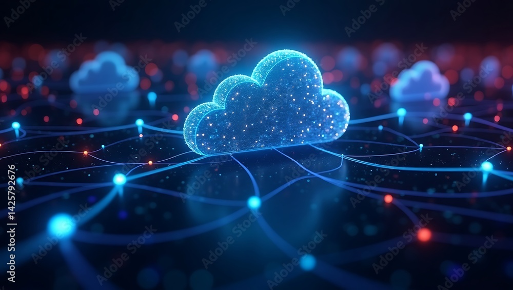 Aufkleber glowing digital clouds on an interconnected network with bright nodes