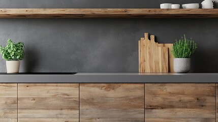 Rustic, modern kitchen with grey concrete walls and wood cabinets.