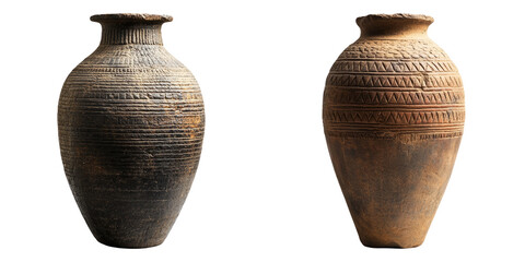 Ancient clay pottery and amphorae with textured surfaces isolated on transparent background perfect for archaeological, cultural, and artisan craft illustrations