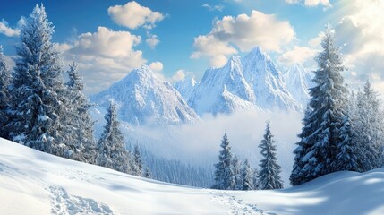 Fresh snow and mountain landscape with fir trees for a Christmas banner