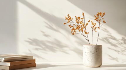 Dried flowers in a speckled vase on a white surface with books and sunlight shadows.