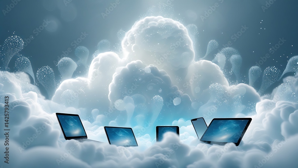 Aufkleber laptops are suspended in a surreal, cloud-filled environment, representing cloud computing. the lapt