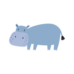 Hippo hand drawn character. Cute, cheerful, and tropical design perfect for children's prints. Modern, flat, and trendy, showcasing African wildlife and conservation.