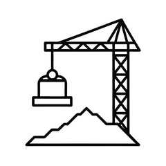 construction site icon with crane and dirt pile 