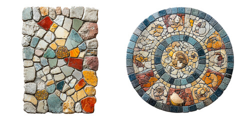 Mosaic floor and circular stone artwork with colorful patterns isolated on transparent background perfect for Roman art, architecture, and historical interiors