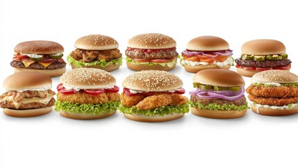 Colorful Fast Food Chicken Burgers and Sides on White