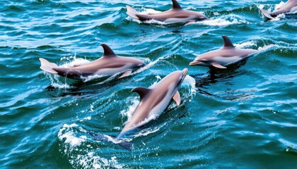 Obraz premium Dolphins swimming in wavy ocean water.