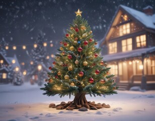 Obraz premium Sparkling Christmas tree with vibrant ornaments & twinkling lights against a snowy winter scene , holiday background, shiny