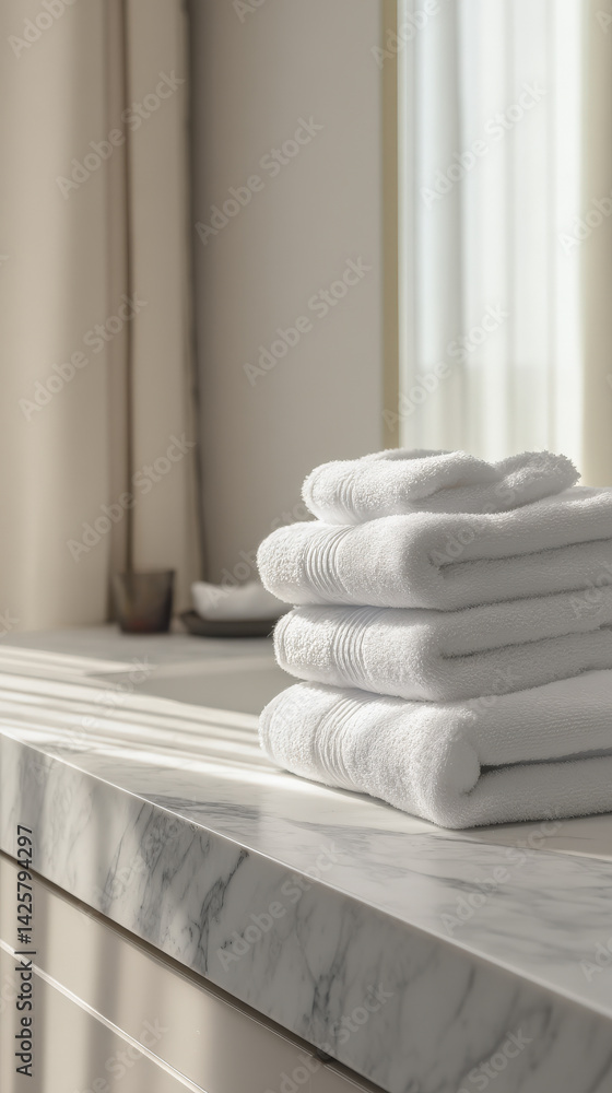 Poster a neatly stacked pile of soft white towels sits on a marble countertop, illuminated by soft sunlight