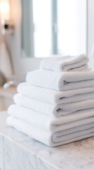 A neat stack of white towels organized on a marble countertop in a bright bathroom, creating a serene and clean atmosphere