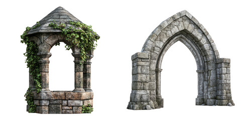 Ivy-covered and gothic stone arch ruins isolated on transparent background perfect for ancient ruins, exploration, and fantasy environment designs